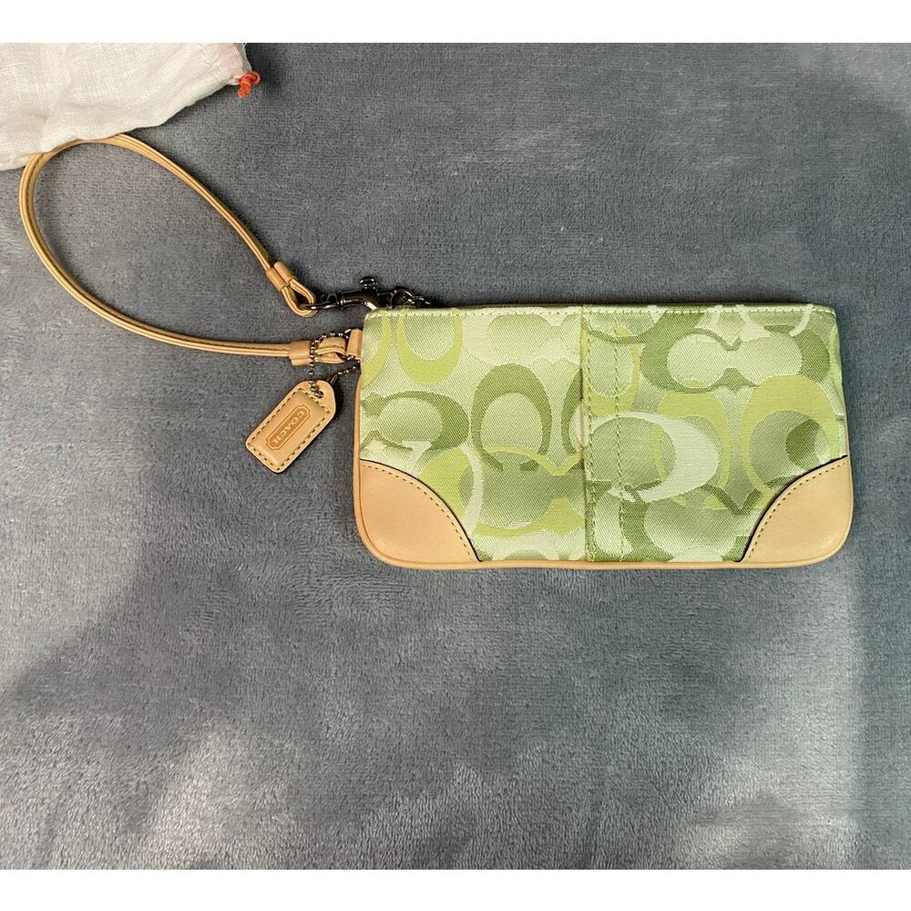 Coach Wristlet Lime Green Camel Canvas Leather Silver Small Y2K Casual NWOT
